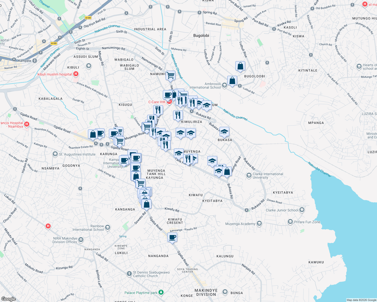 map of restaurants, bars, coffee shops, grocery stores, and more near 47c Kironde Road in Kampala