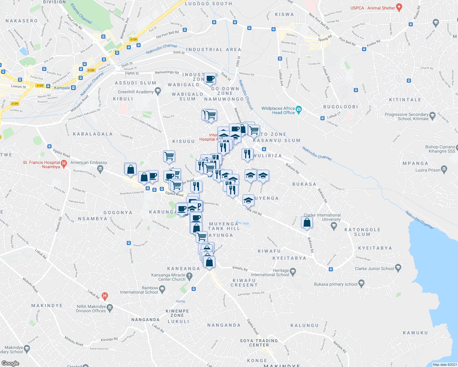 map of restaurants, bars, coffee shops, grocery stores, and more near Busabala Close in Kampala