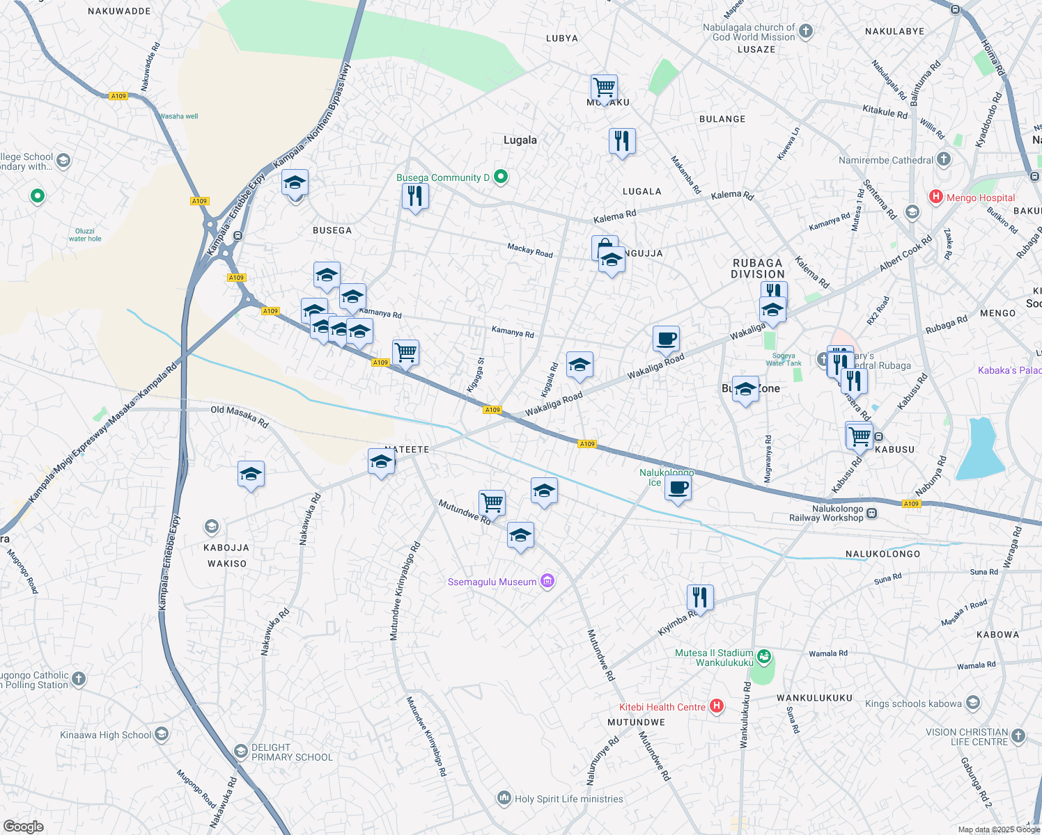 map of restaurants, bars, coffee shops, grocery stores, and more near Wakaliga Road in Kampala