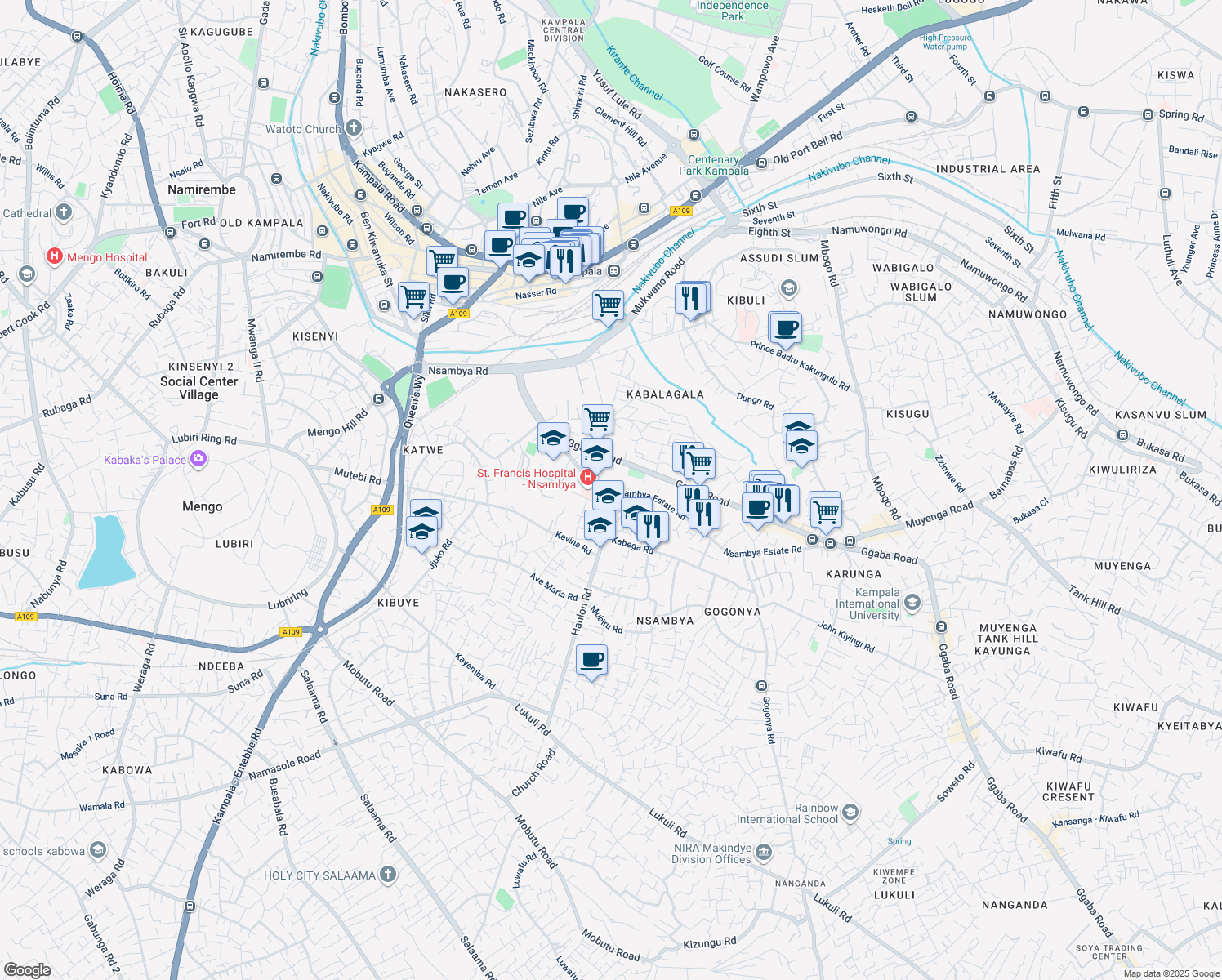 map of restaurants, bars, coffee shops, grocery stores, and more near Nsambya Road in Kampala
