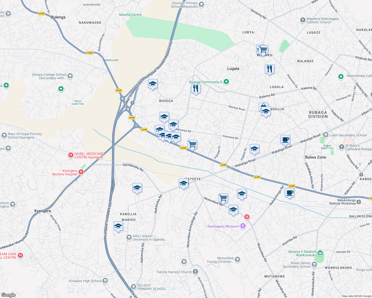 map of restaurants, bars, coffee shops, grocery stores, and more near Mityana Road in Kampala