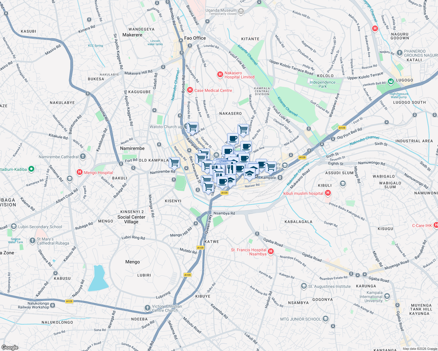 map of restaurants, bars, coffee shops, grocery stores, and more near Luwum Street in Kampala