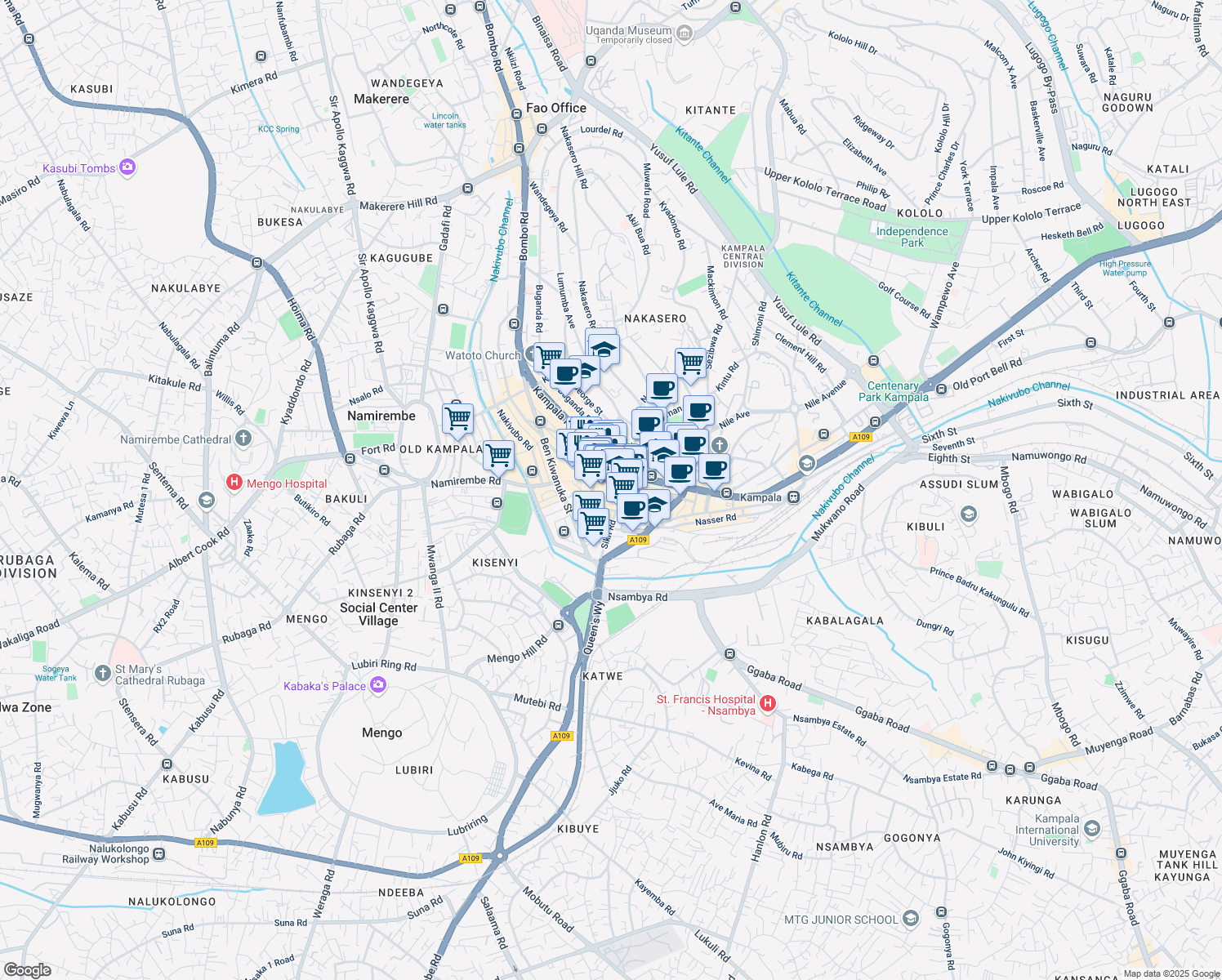 map of restaurants, bars, coffee shops, grocery stores, and more near Luwum Street in Kampala