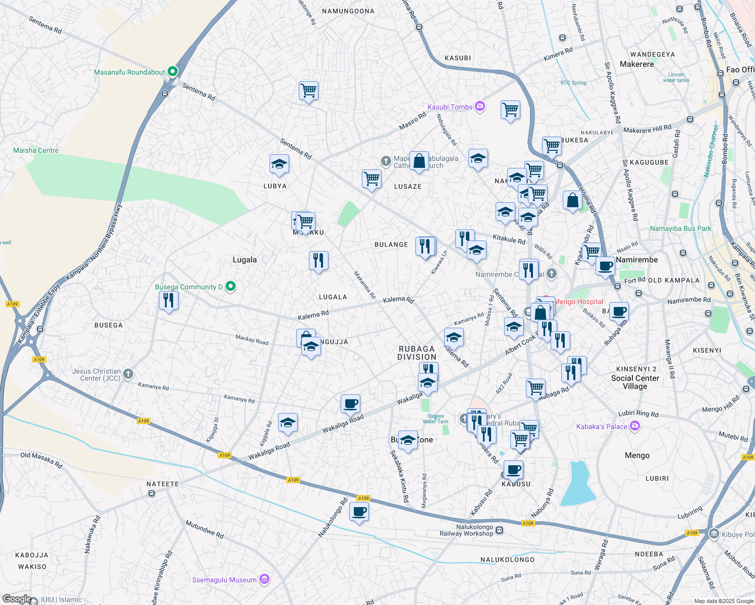 map of restaurants, bars, coffee shops, grocery stores, and more near Kalema Road in Kampala