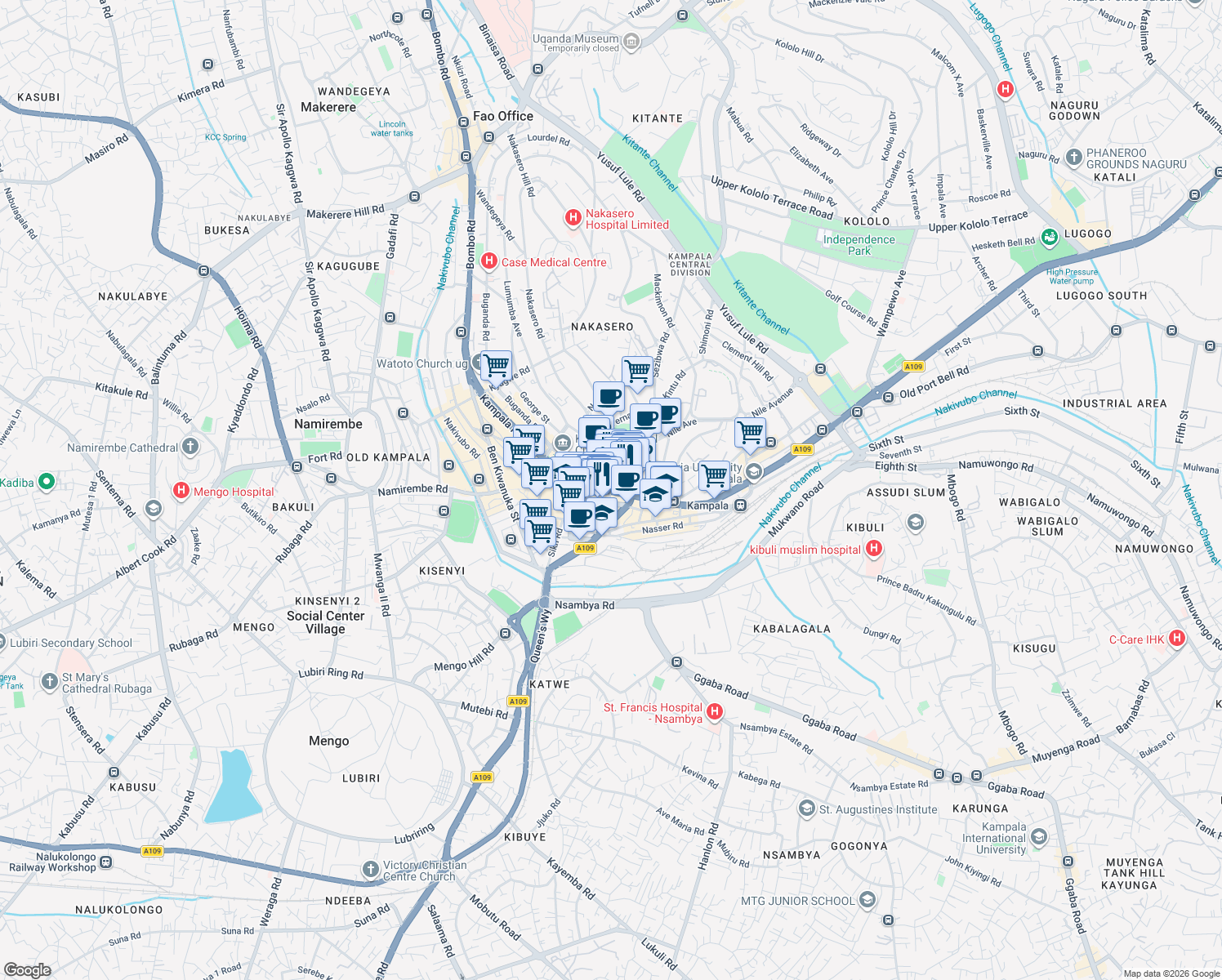 map of restaurants, bars, coffee shops, grocery stores, and more near Speke Road in Kampala