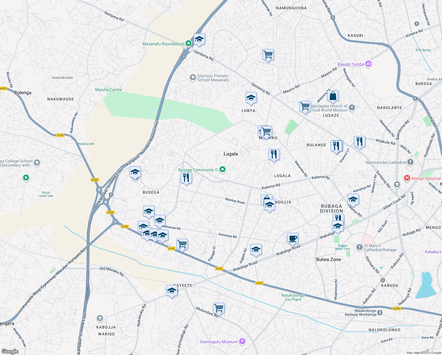 map of restaurants, bars, coffee shops, grocery stores, and more near Kalema Road in Kampala