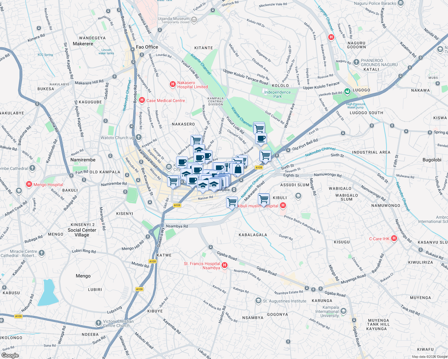 map of restaurants, bars, coffee shops, grocery stores, and more near Parliamentary Avenue in Kampala