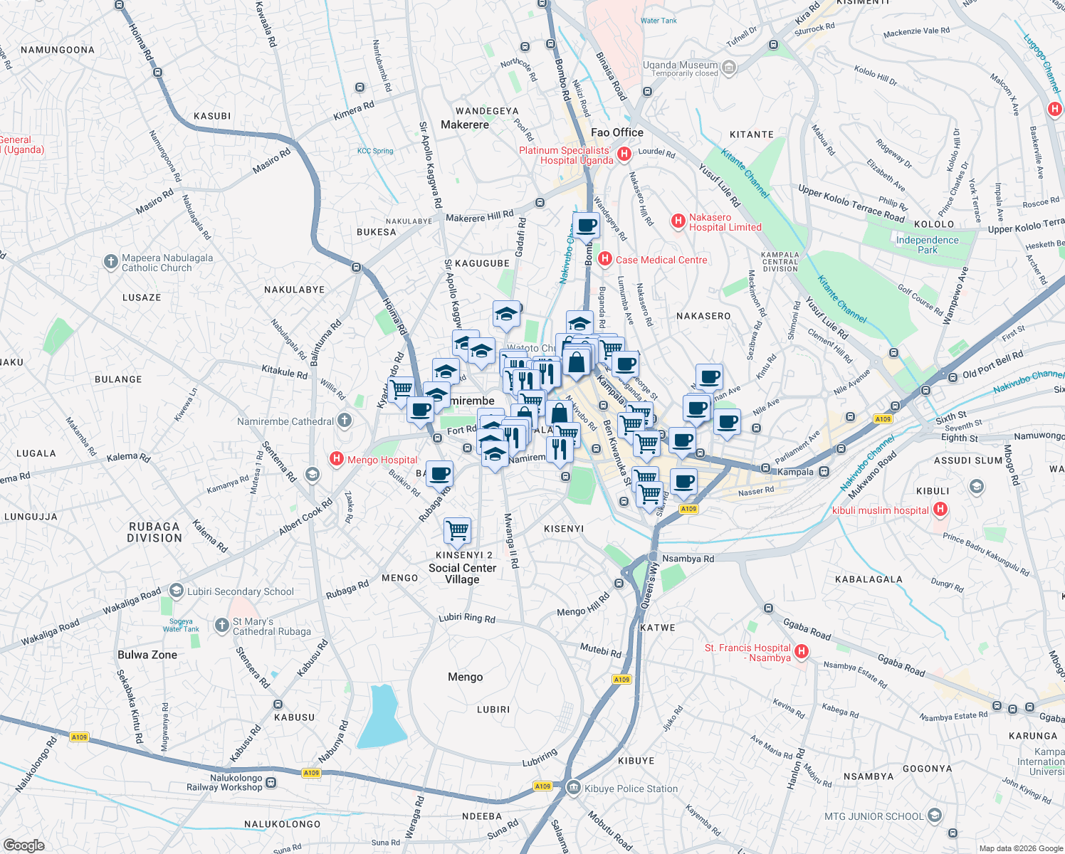 map of restaurants, bars, coffee shops, grocery stores, and more near Martin Road in Kampala