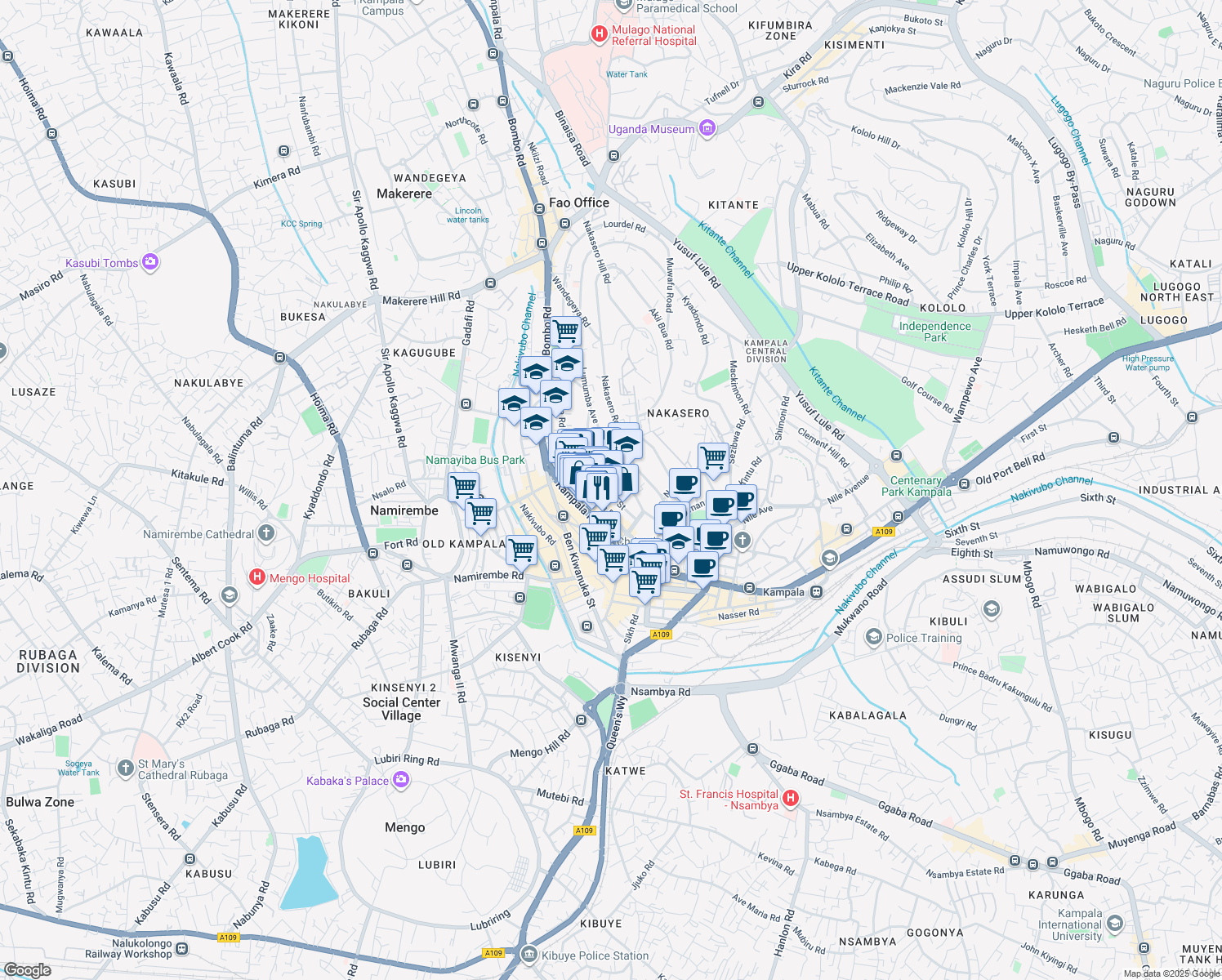 map of restaurants, bars, coffee shops, grocery stores, and more near George Street in Kampala