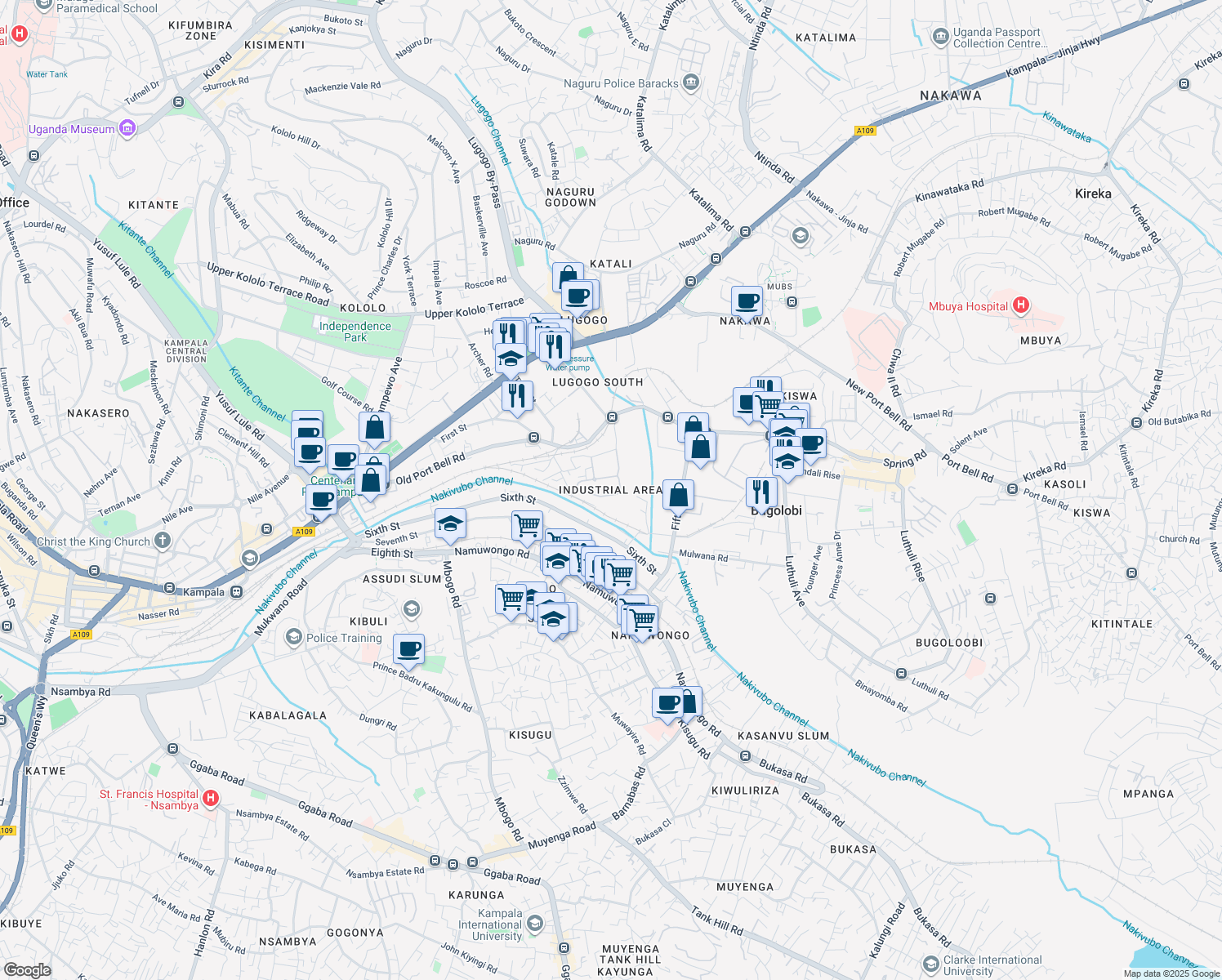 map of restaurants, bars, coffee shops, grocery stores, and more near in Kampala