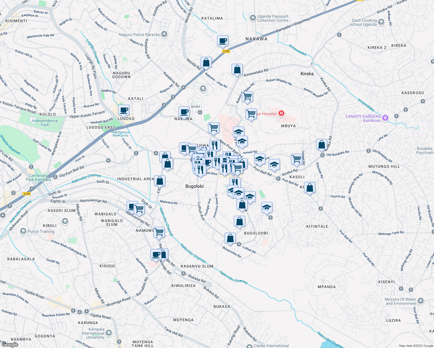 map of restaurants, bars, coffee shops, grocery stores, and more near Bandali Rise in Kampala