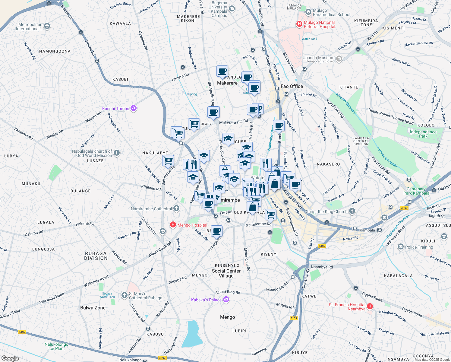 map of restaurants, bars, coffee shops, grocery stores, and more near Sir Apollo Kaggwa Road in Kampala