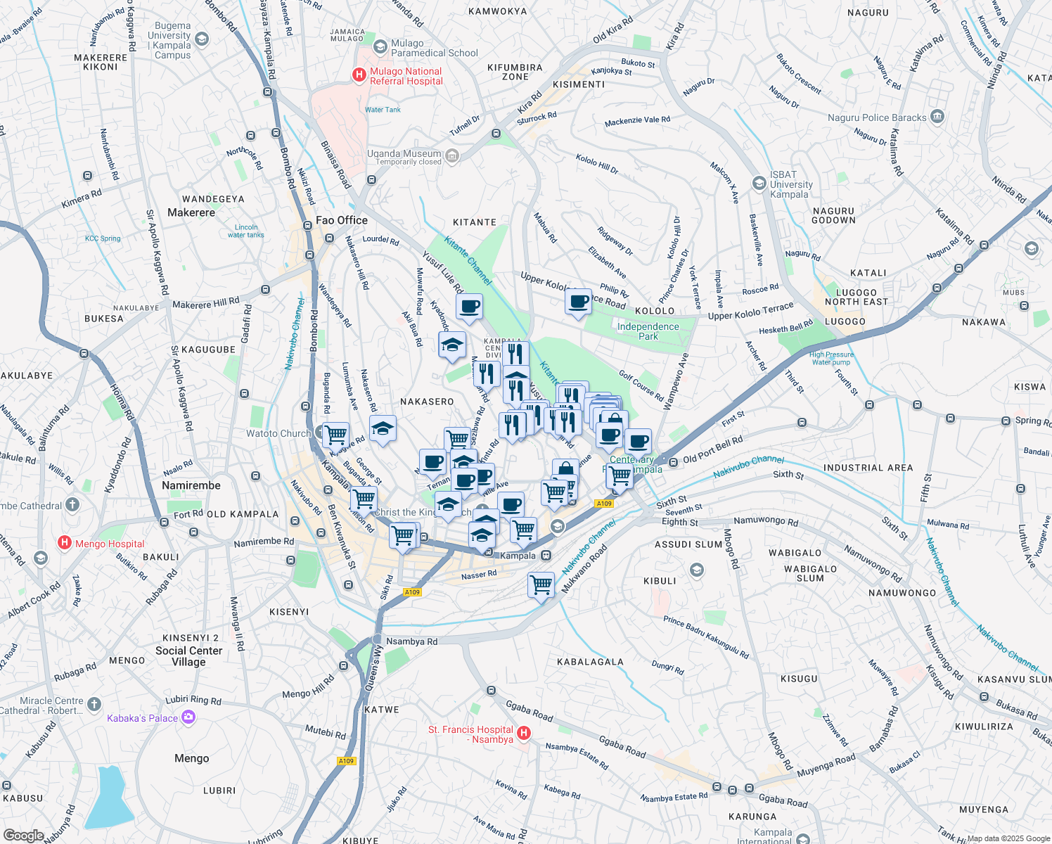 map of restaurants, bars, coffee shops, grocery stores, and more near Hannington Road in Kampala