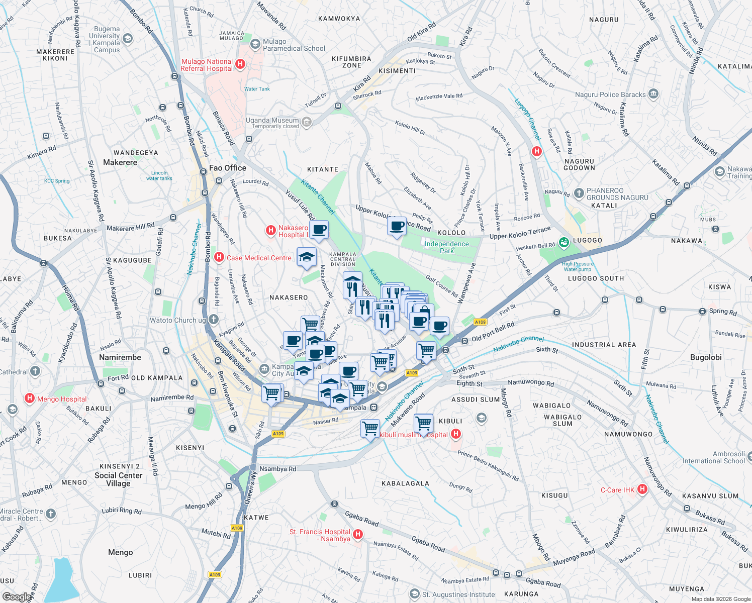 map of restaurants, bars, coffee shops, grocery stores, and more near Yusuf Lule Road in Kampala