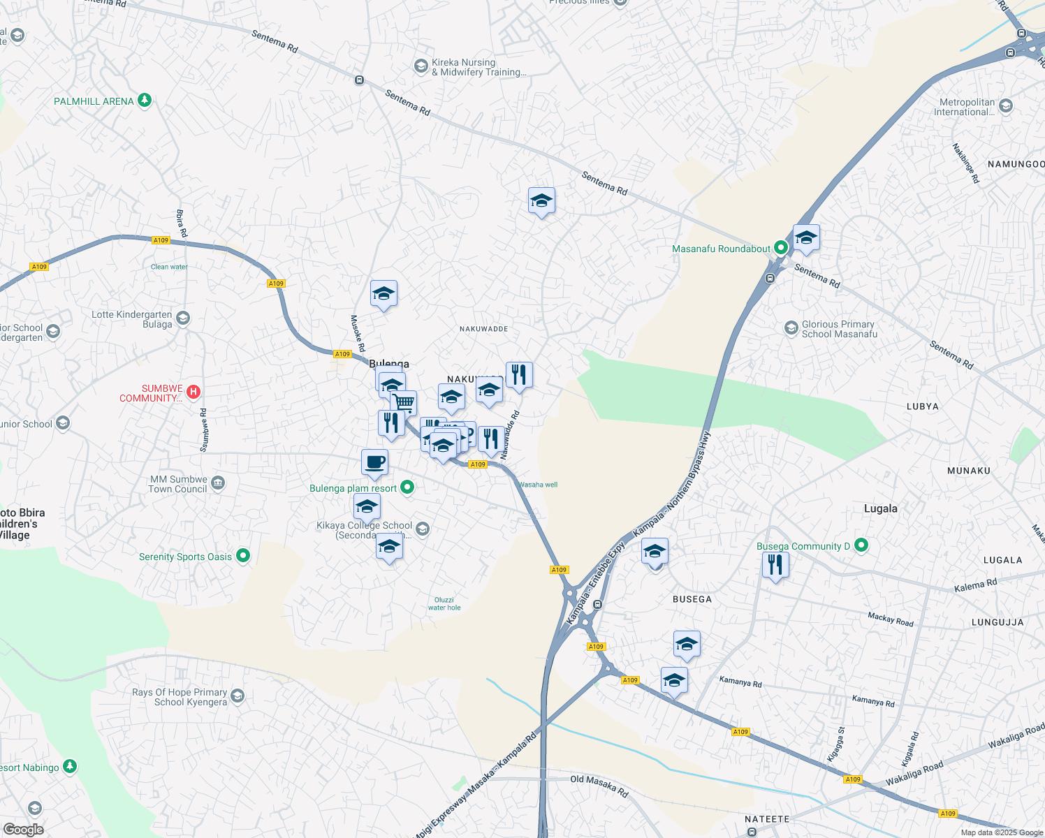 map of restaurants, bars, coffee shops, grocery stores, and more near Nakulabye church Road in Kampala