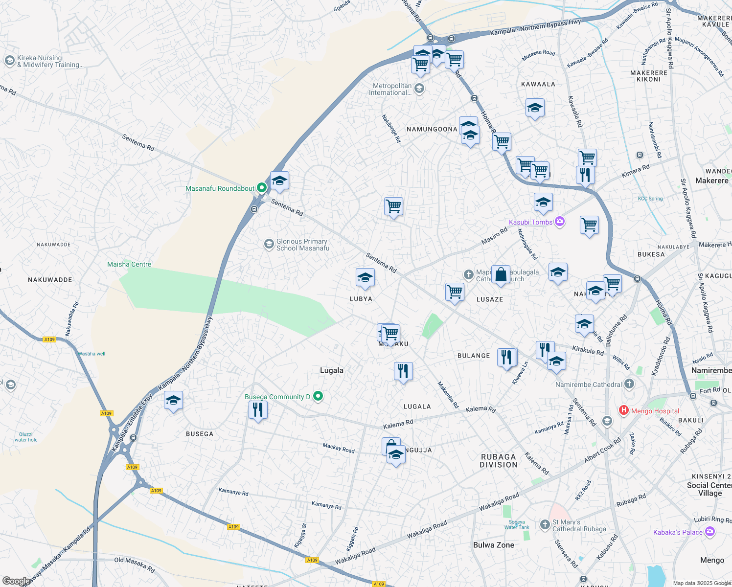 map of restaurants, bars, coffee shops, grocery stores, and more near Sentema Road in Kampala