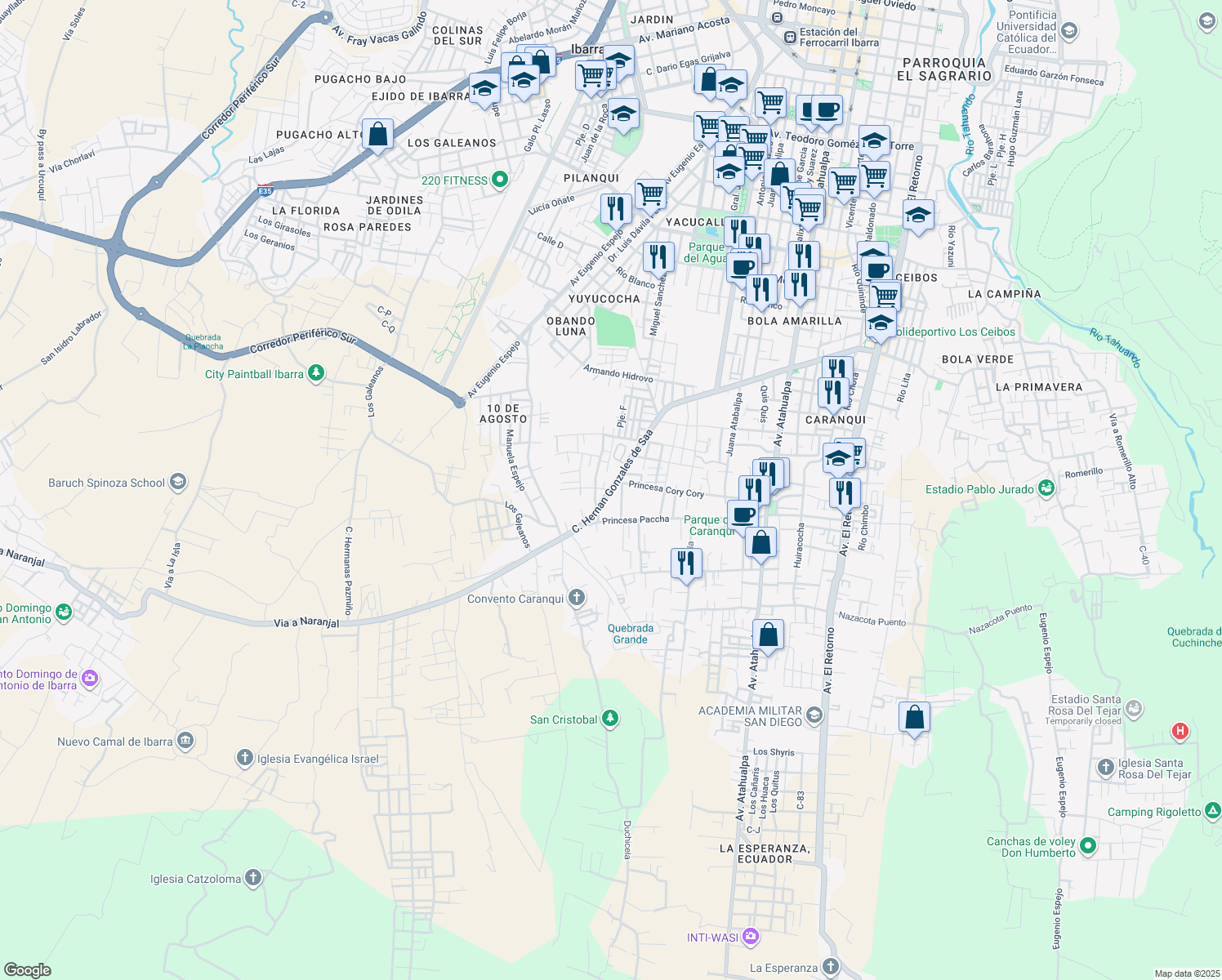 map of restaurants, bars, coffee shops, grocery stores, and more near Calle Hernan Gonzales de Saa in Ibarra
