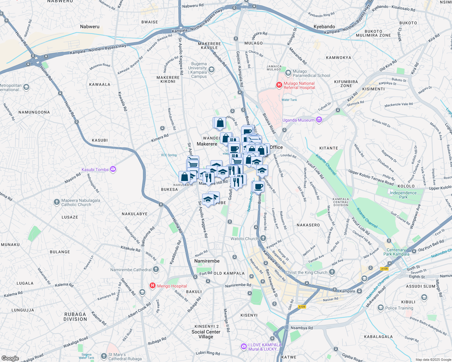 map of restaurants, bars, coffee shops, grocery stores, and more near Makerere Hill Road in Kampala