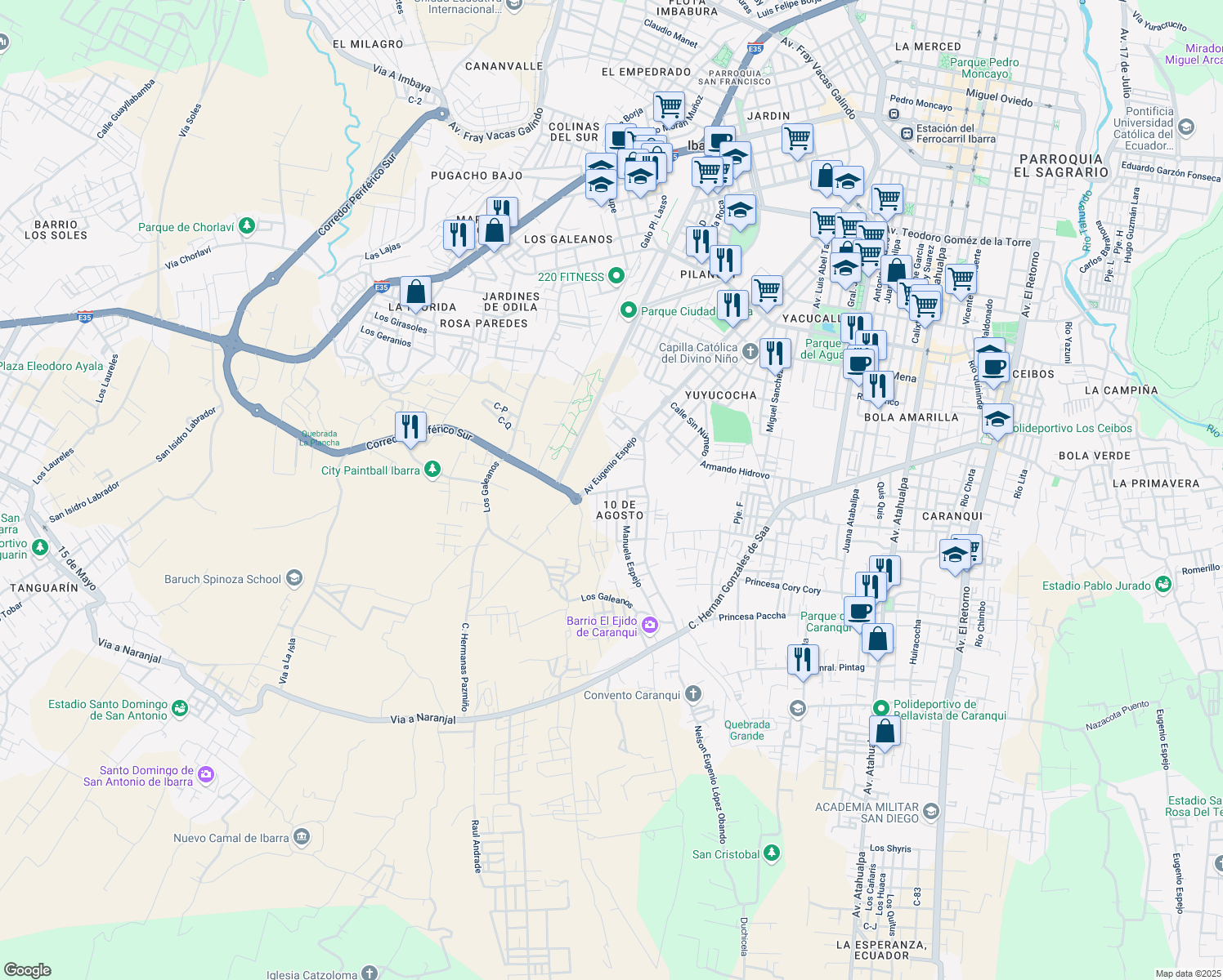 map of restaurants, bars, coffee shops, grocery stores, and more near 304 Juana De La Cruz in Ibarra