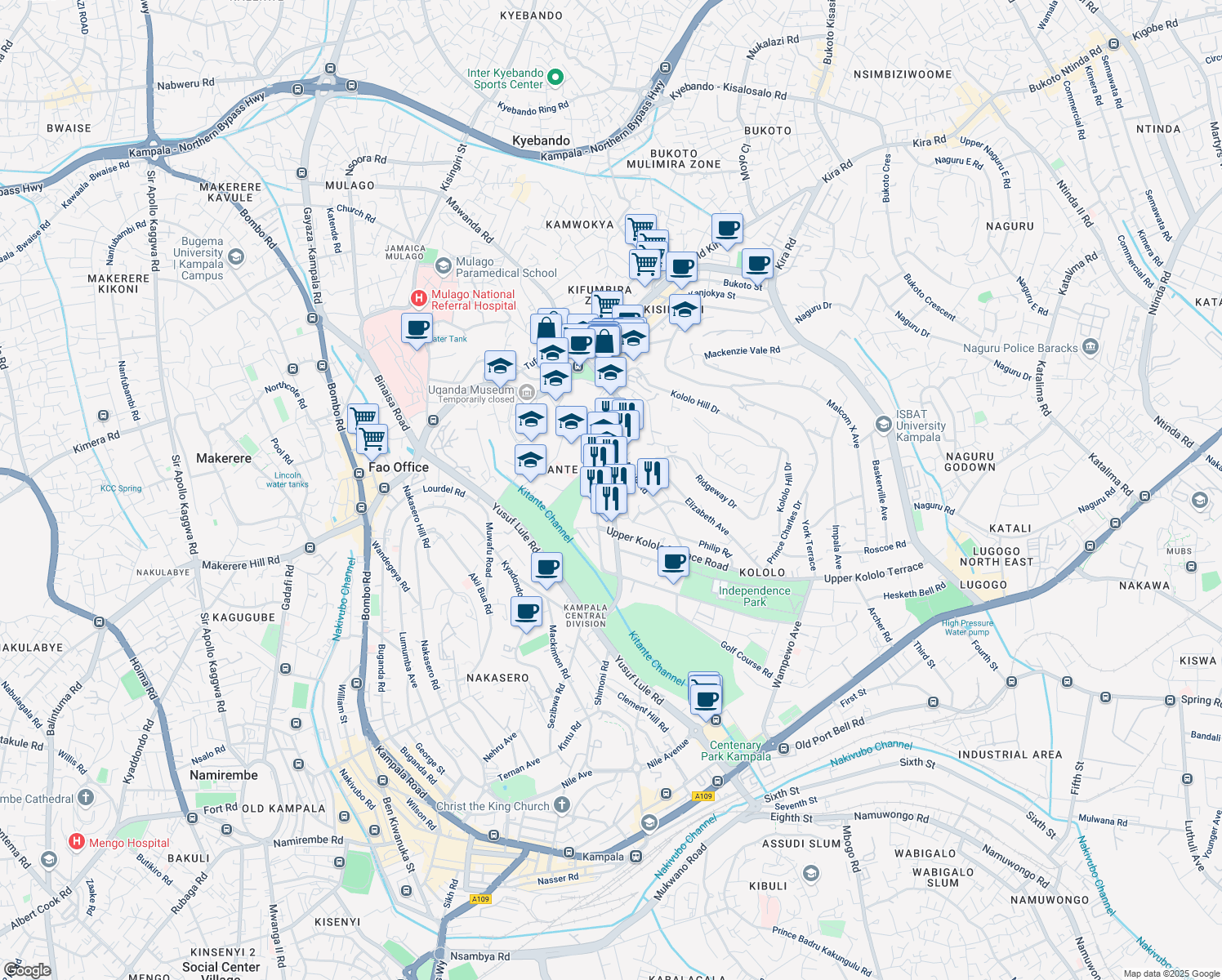 map of restaurants, bars, coffee shops, grocery stores, and more near John Babiha (Acacia) Avenue in Kampala