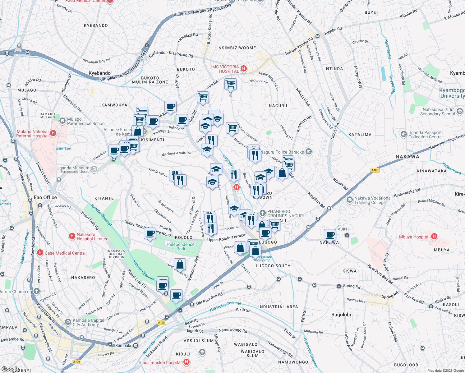 map of restaurants, bars, coffee shops, grocery stores, and more near Lugogo By-Pass in Kampala