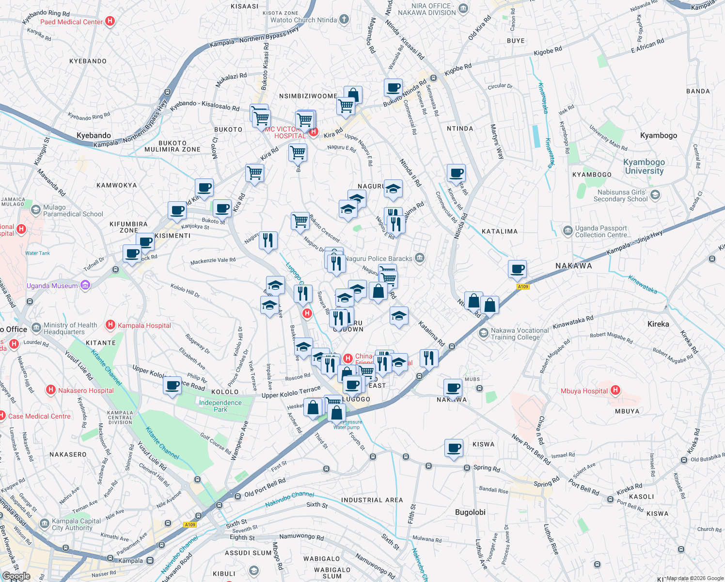 map of restaurants, bars, coffee shops, grocery stores, and more near Balikuddembe Lane in Kampala