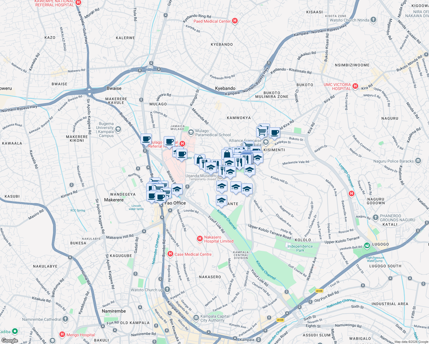 map of restaurants, bars, coffee shops, grocery stores, and more near Tufnell Drive in Kampala