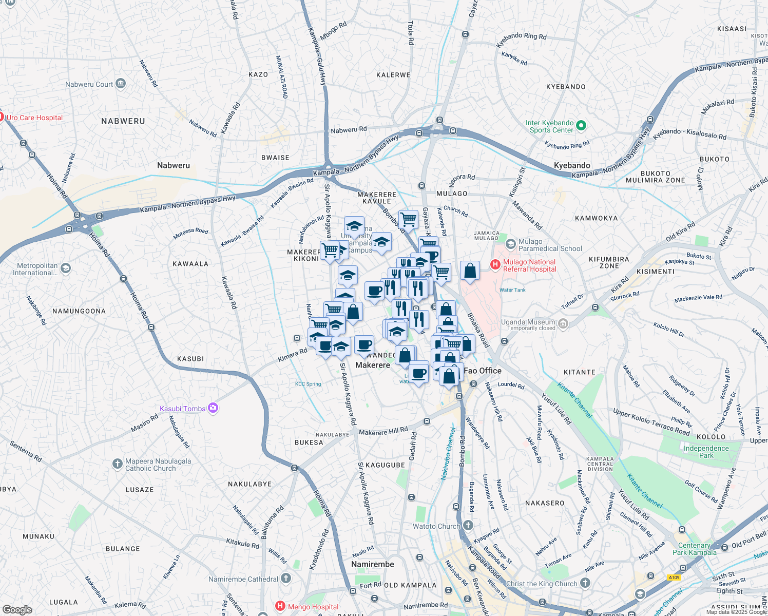 map of restaurants, bars, coffee shops, grocery stores, and more near 3 Hill Road in Kampala