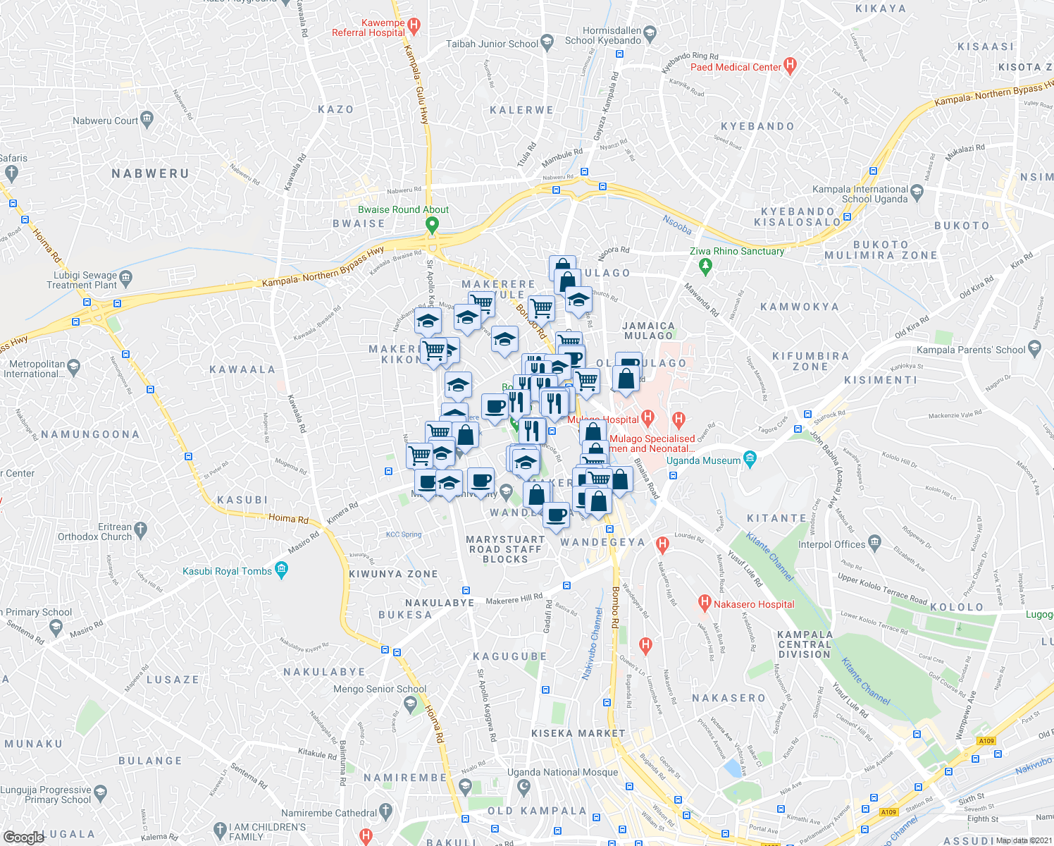 map of restaurants, bars, coffee shops, grocery stores, and more near Hill Road in Kampala