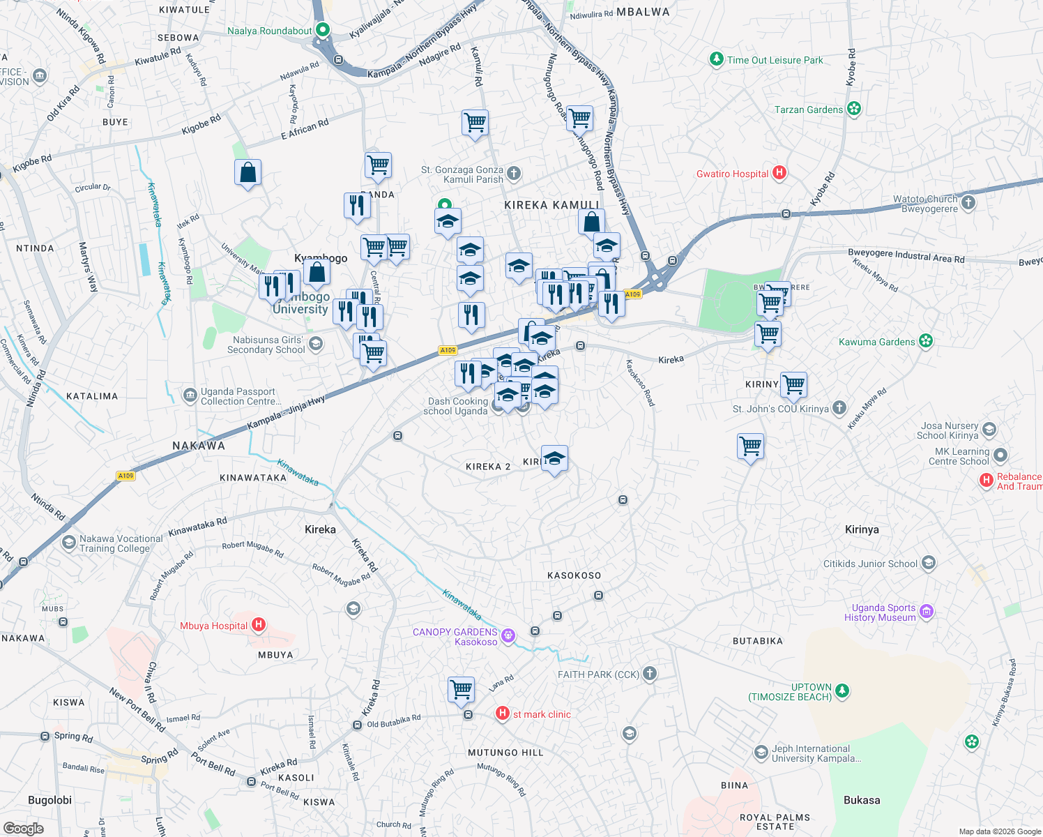 map of restaurants, bars, coffee shops, grocery stores, and more near Kabaka Road in Kampala