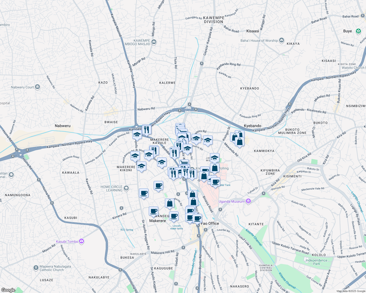 map of restaurants, bars, coffee shops, grocery stores, and more near Gayaza Road in Kampala