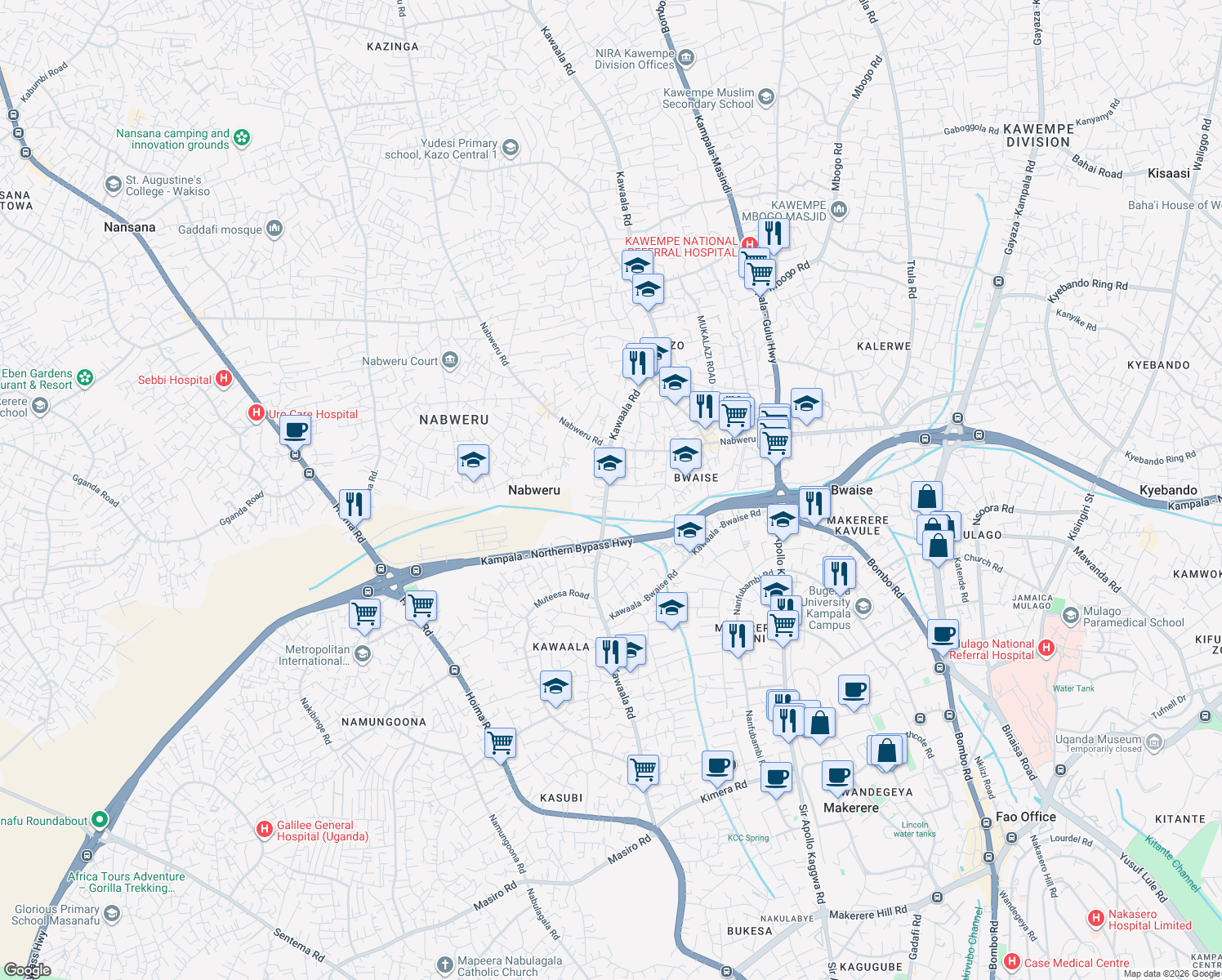 map of restaurants, bars, coffee shops, grocery stores, and more near Kawaala Road in Kampala