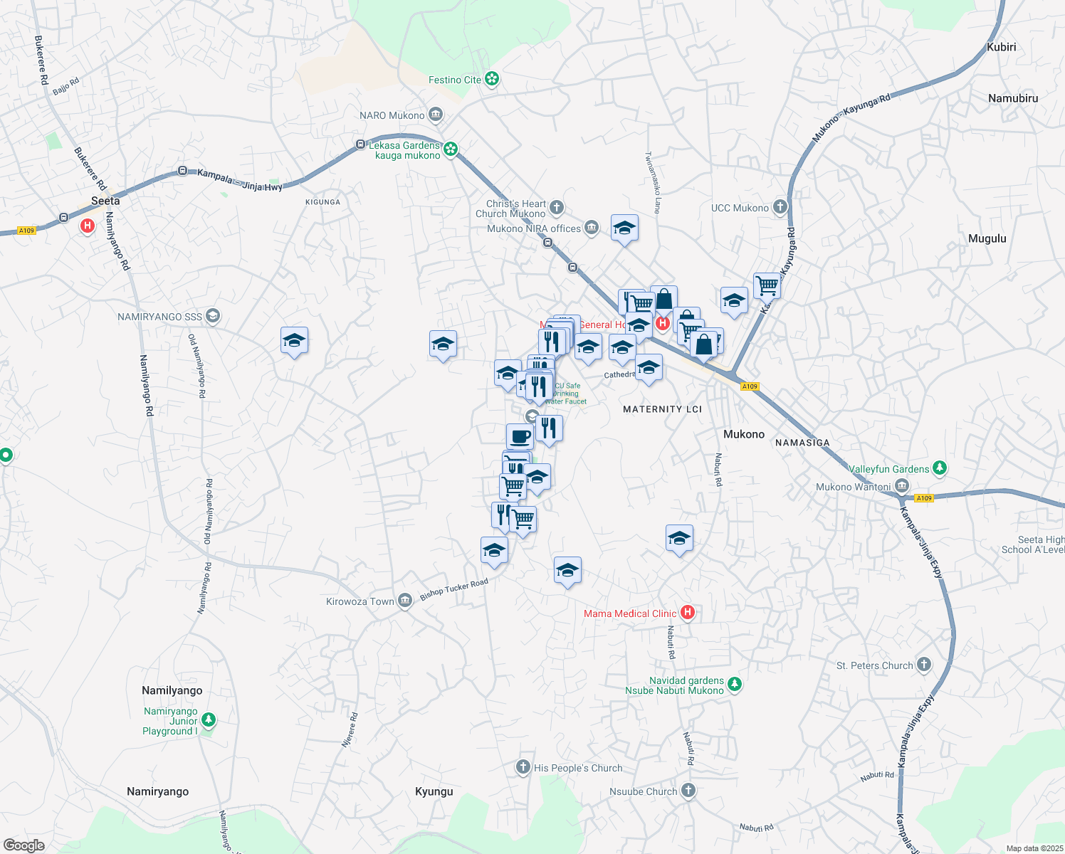 map of restaurants, bars, coffee shops, grocery stores, and more near Bishop Tucker Road in Mukono