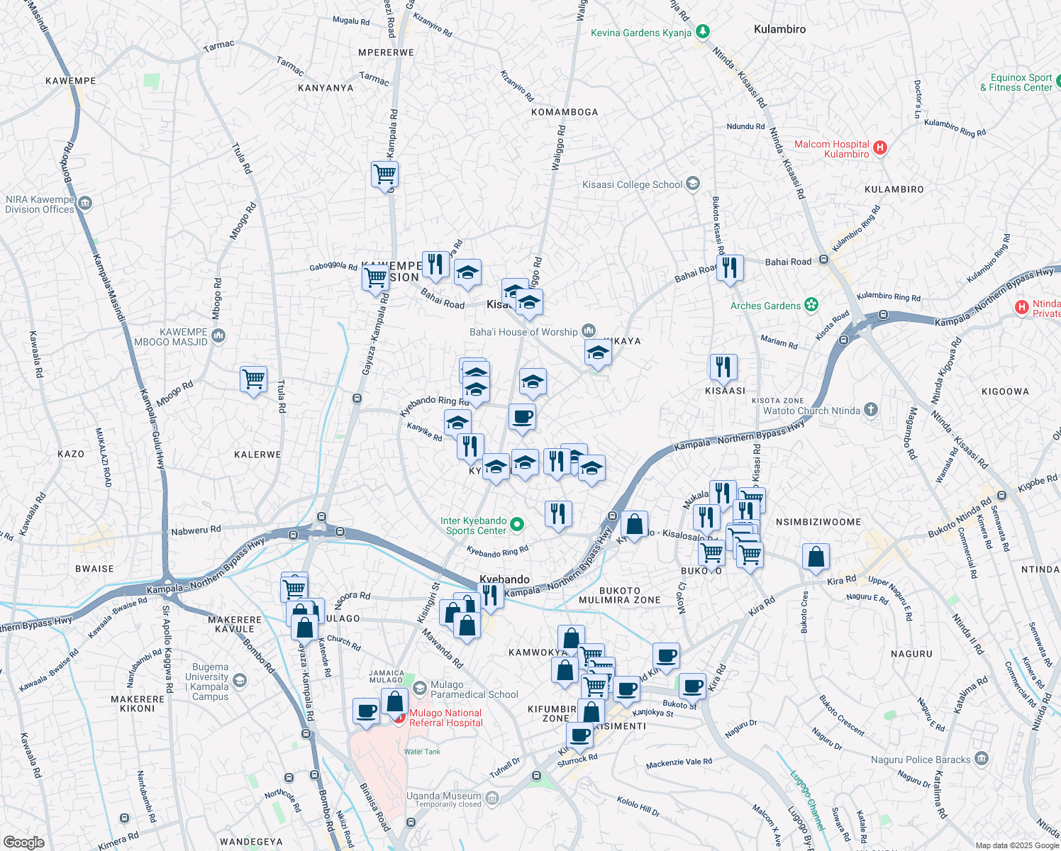 map of restaurants, bars, coffee shops, grocery stores, and more near Kyebando Ring Road in Kampala