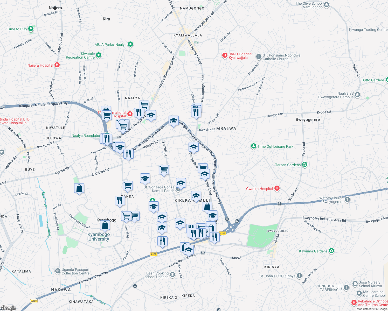 map of restaurants, bars, coffee shops, grocery stores, and more near Namugongo Road in Kampala