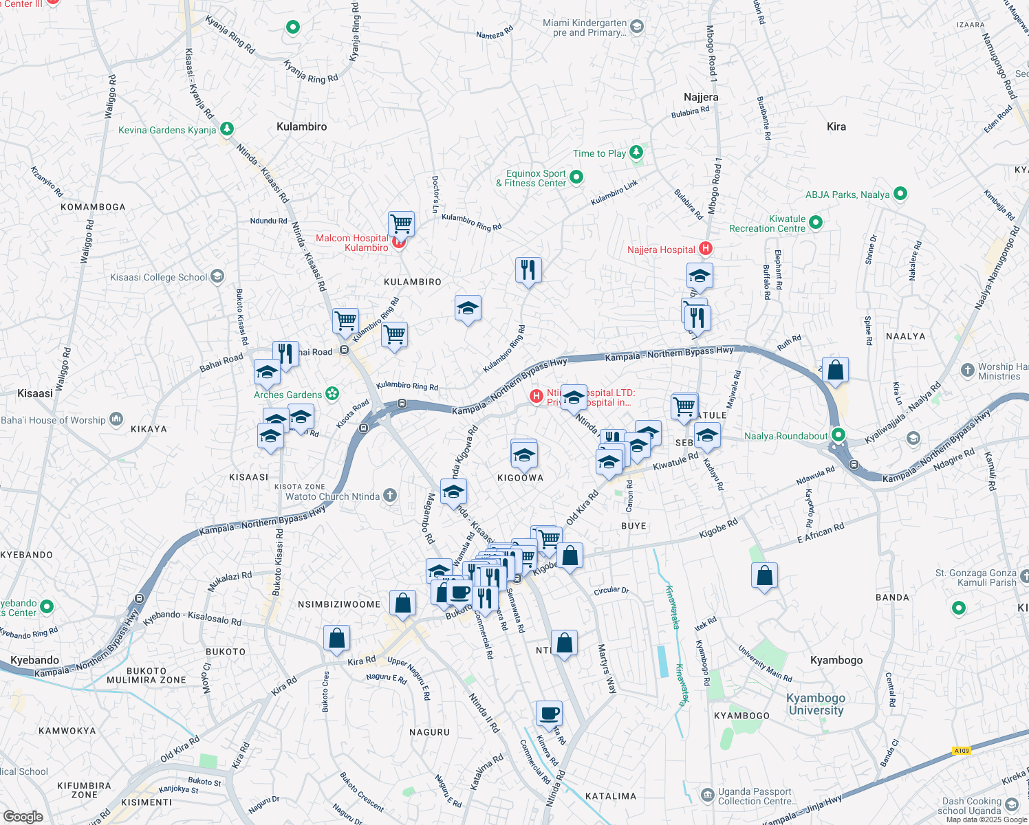 map of restaurants, bars, coffee shops, grocery stores, and more near Ntinda Kigowa Road in Kampala