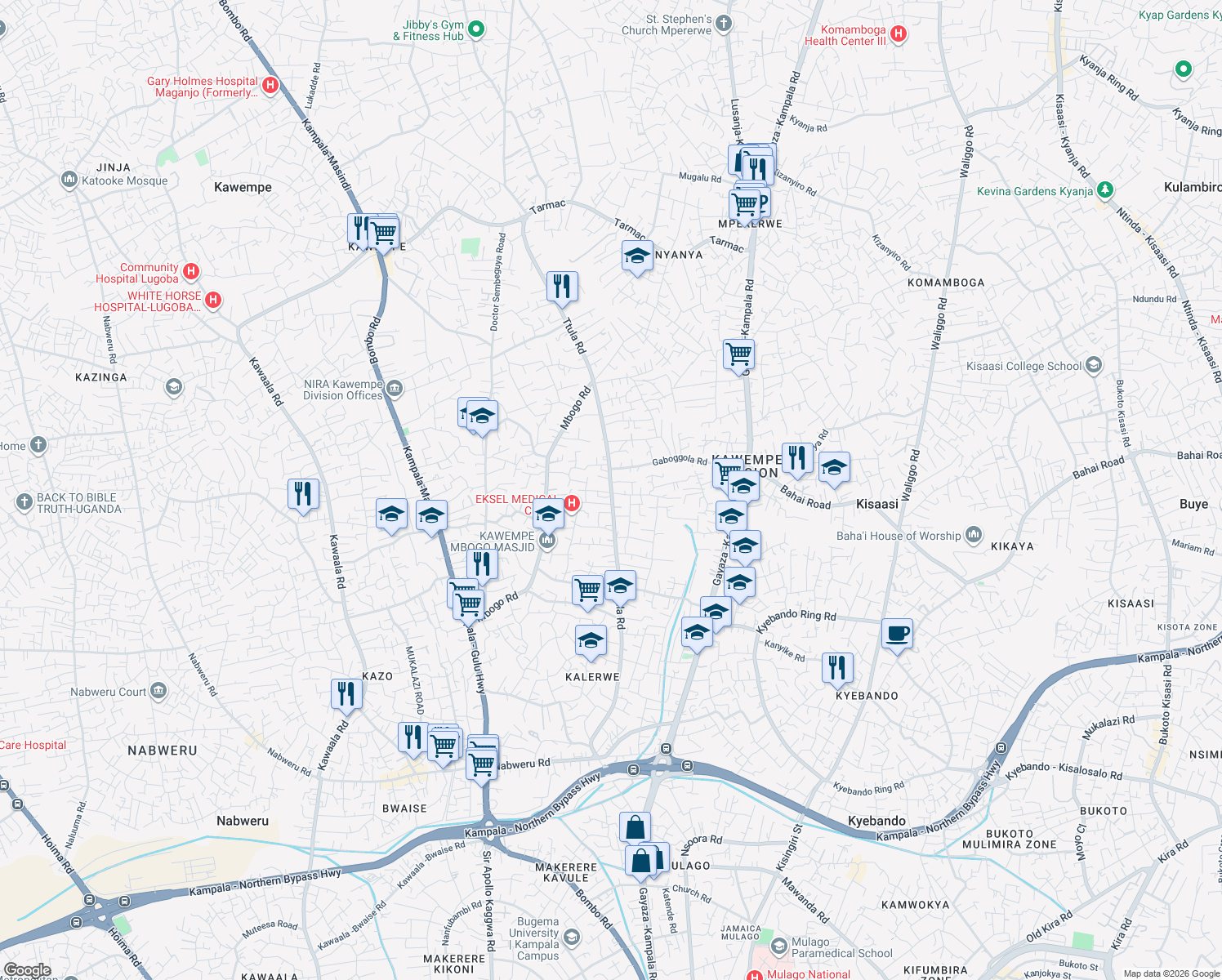 map of restaurants, bars, coffee shops, grocery stores, and more near Ttula Road in Kampala