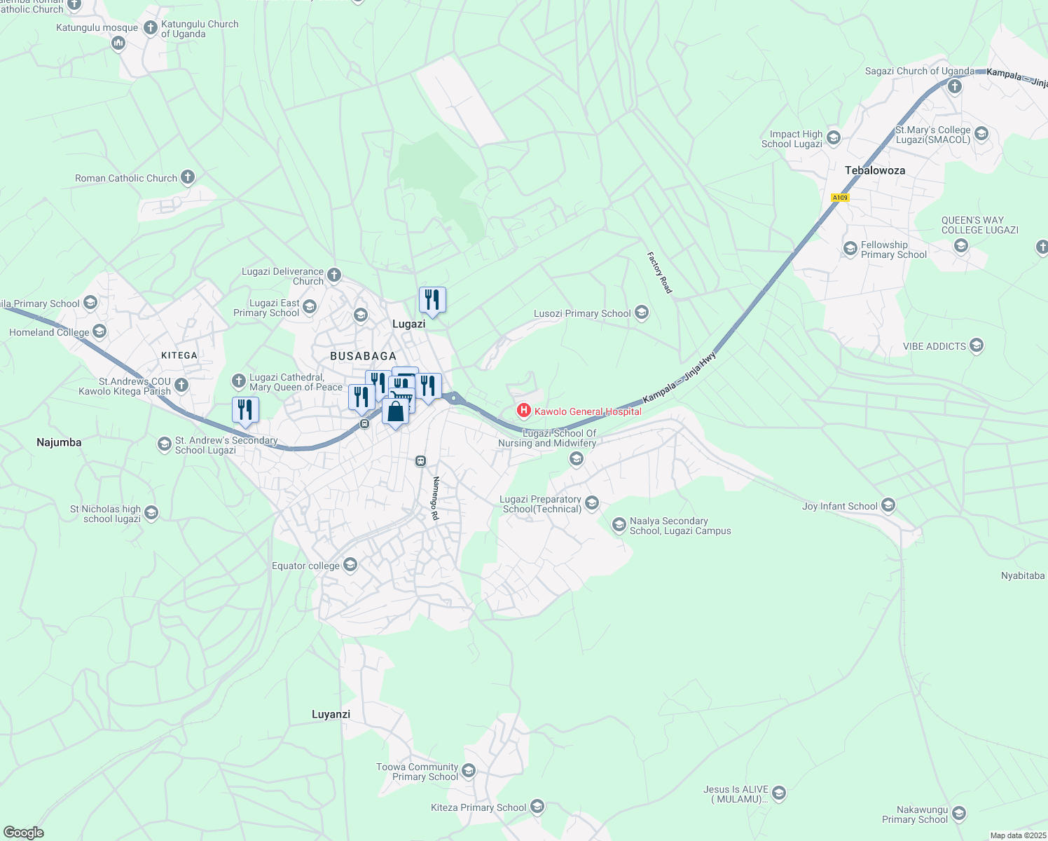 map of restaurants, bars, coffee shops, grocery stores, and more near Kampala-Jinja Road in Lugazi
