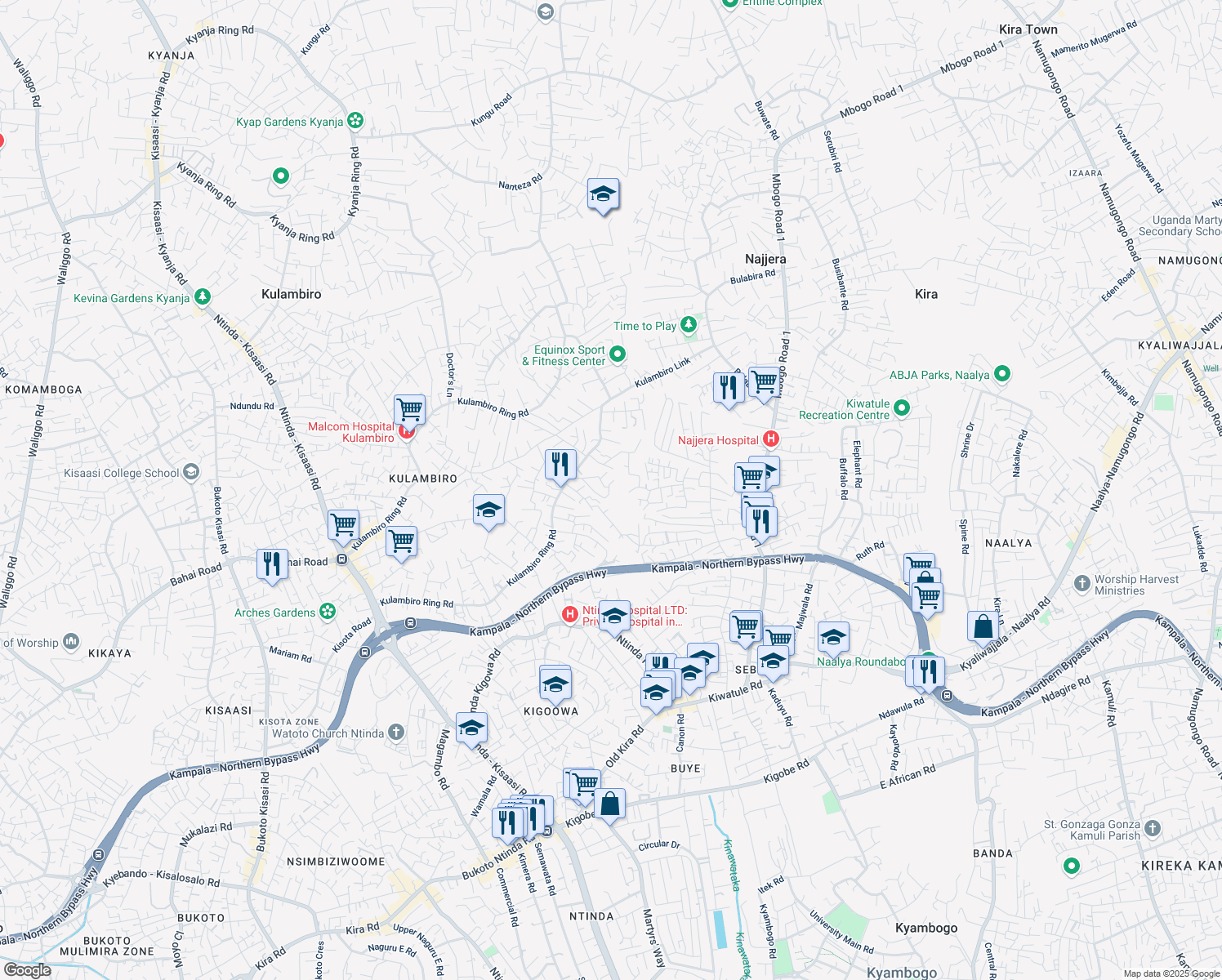 map of restaurants, bars, coffee shops, grocery stores, and more near Kulambiro Ring Road in Kampala