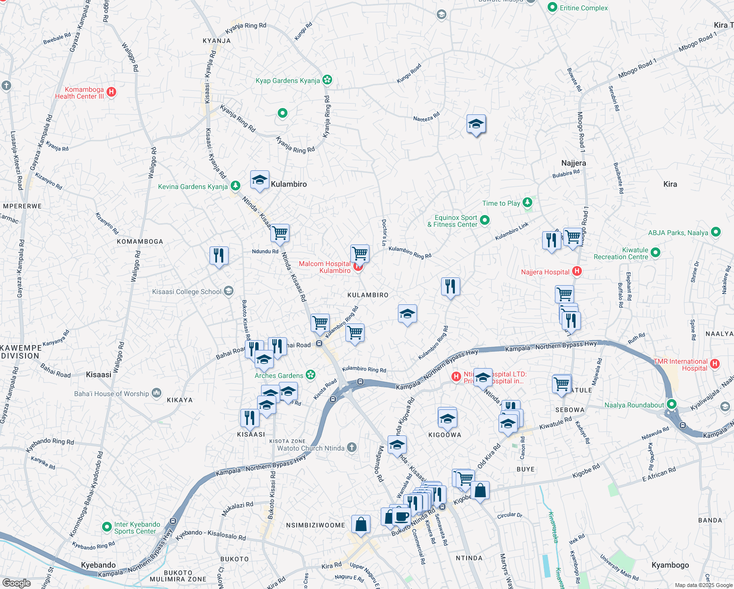map of restaurants, bars, coffee shops, grocery stores, and more near Kulambiro Ring Road in Kampala