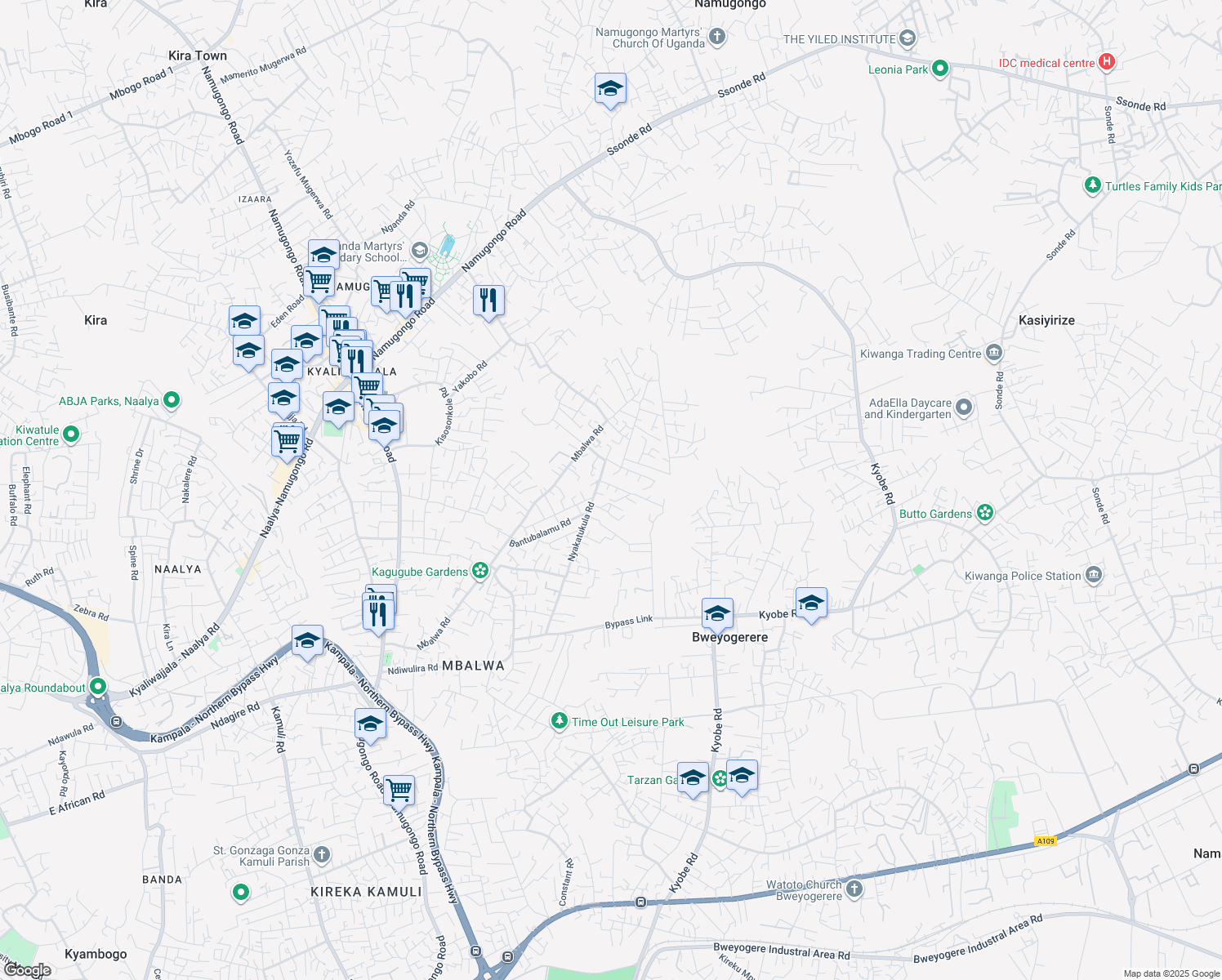 map of restaurants, bars, coffee shops, grocery stores, and more near in Kampala