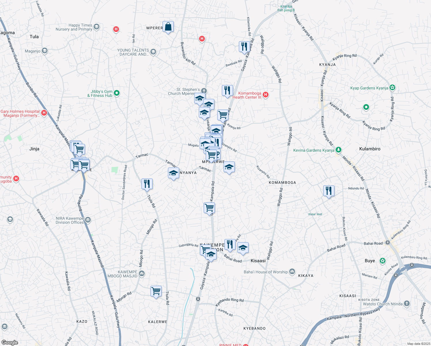map of restaurants, bars, coffee shops, grocery stores, and more near 252b Gayaza -Kampala Road in Kampala