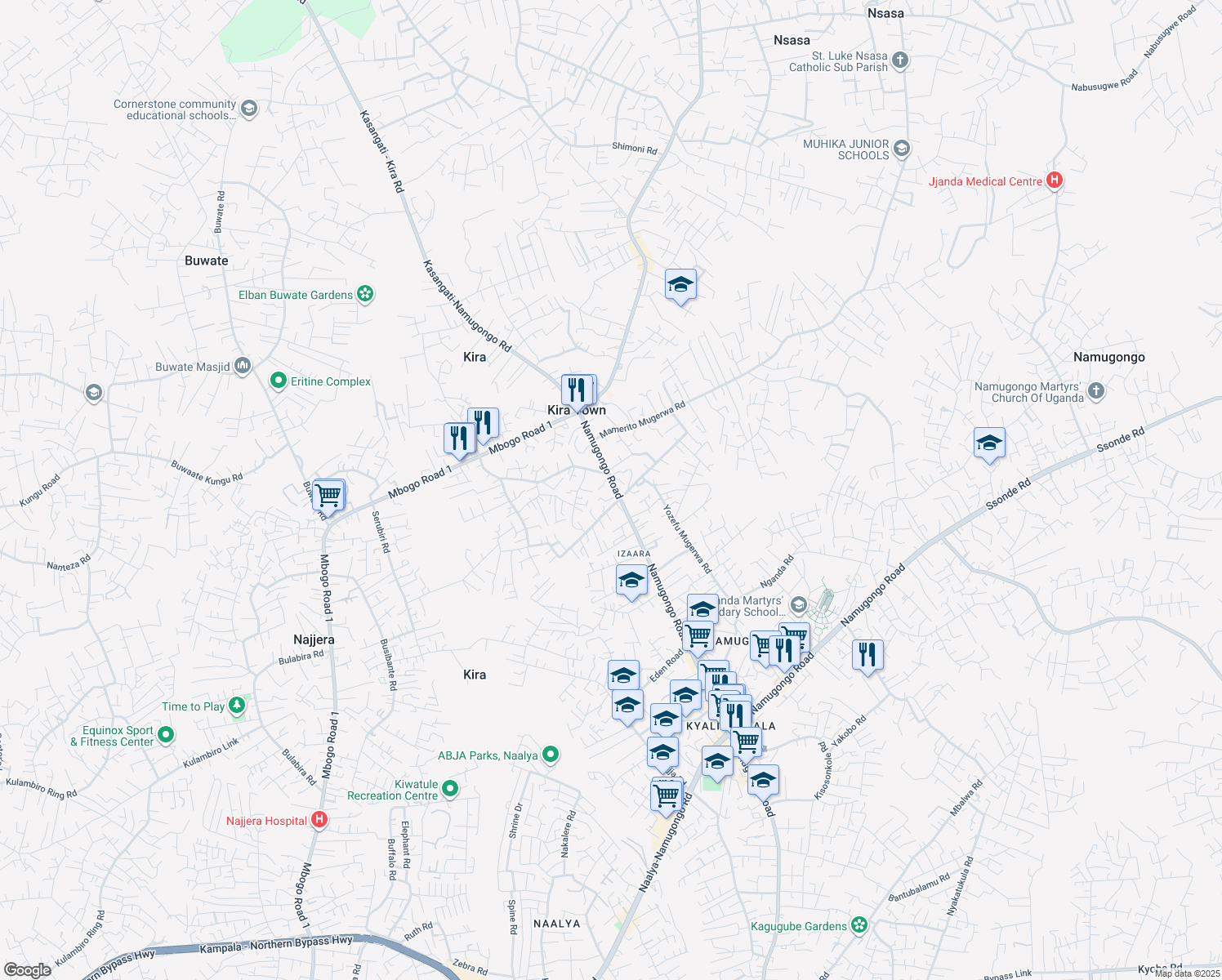 map of restaurants, bars, coffee shops, grocery stores, and more near Kira Road in Kampala