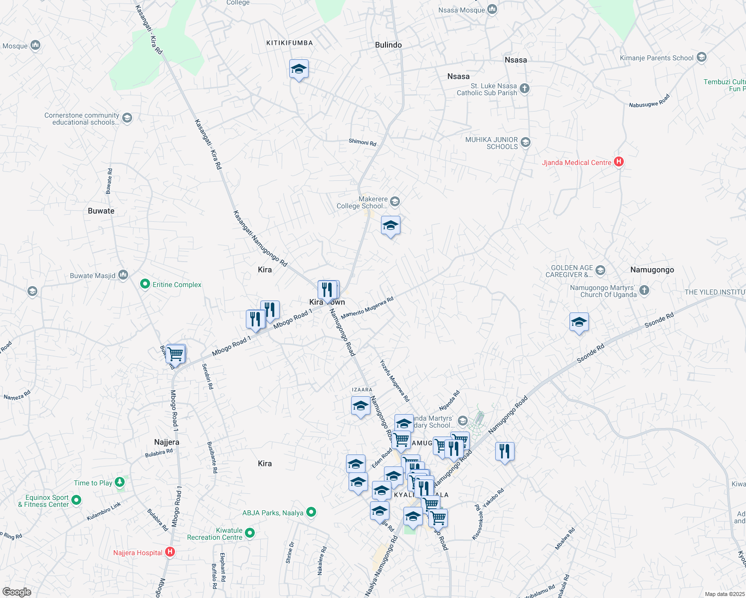 map of restaurants, bars, coffee shops, grocery stores, and more near Hope Estate Road in Kira Town