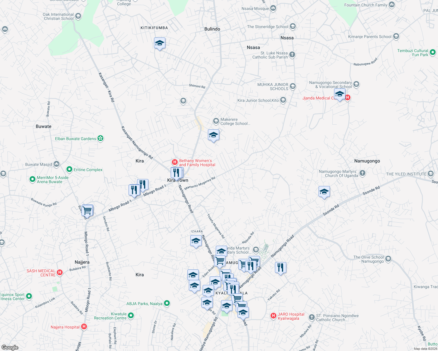 map of restaurants, bars, coffee shops, grocery stores, and more near Mamerito Mugerwa Road in Kira Town