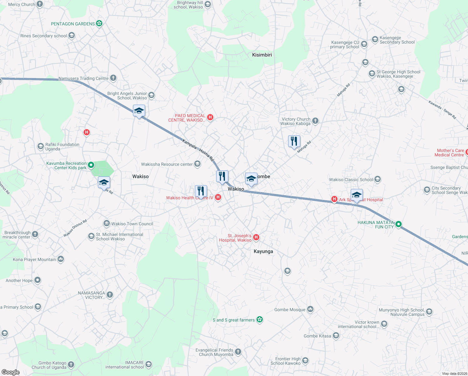 map of restaurants, bars, coffee shops, grocery stores, and more near Kampala-Hoima Road in Wakiso