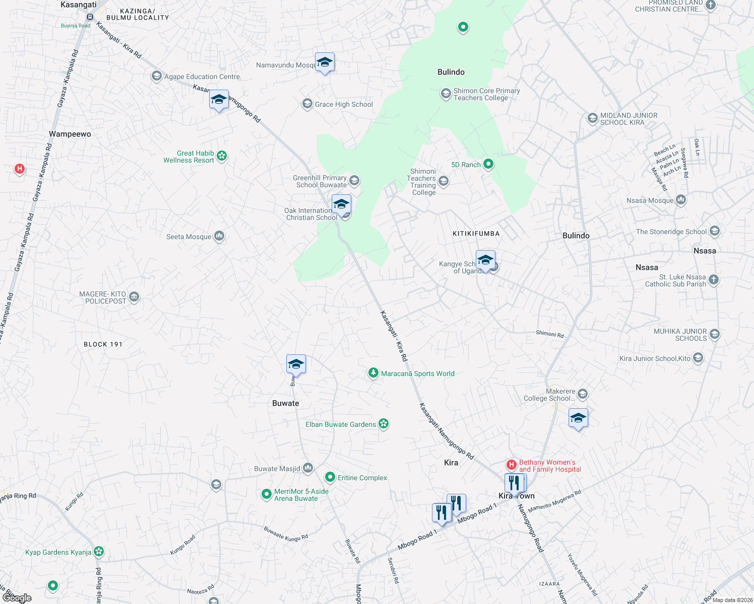 map of restaurants, bars, coffee shops, grocery stores, and more near Kasangati - Kira Road in Kira Town