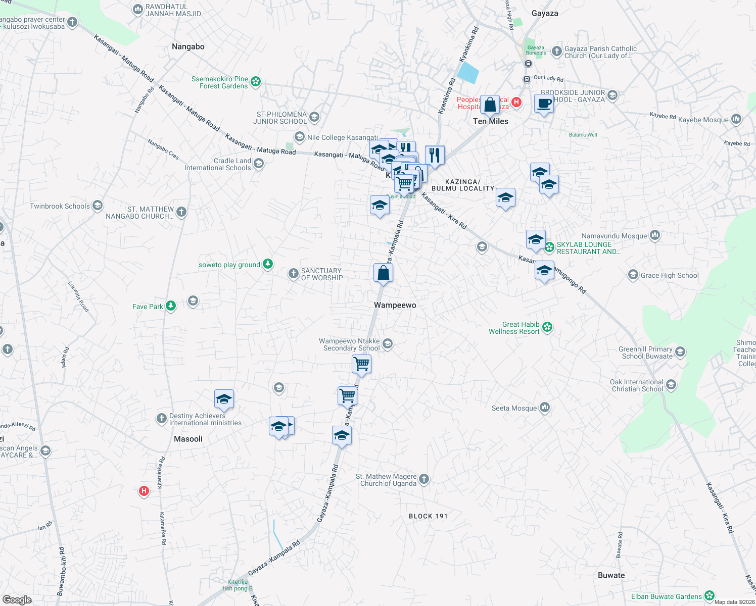 map of restaurants, bars, coffee shops, grocery stores, and more near Gayaza -Kampala Road in Wampeewo