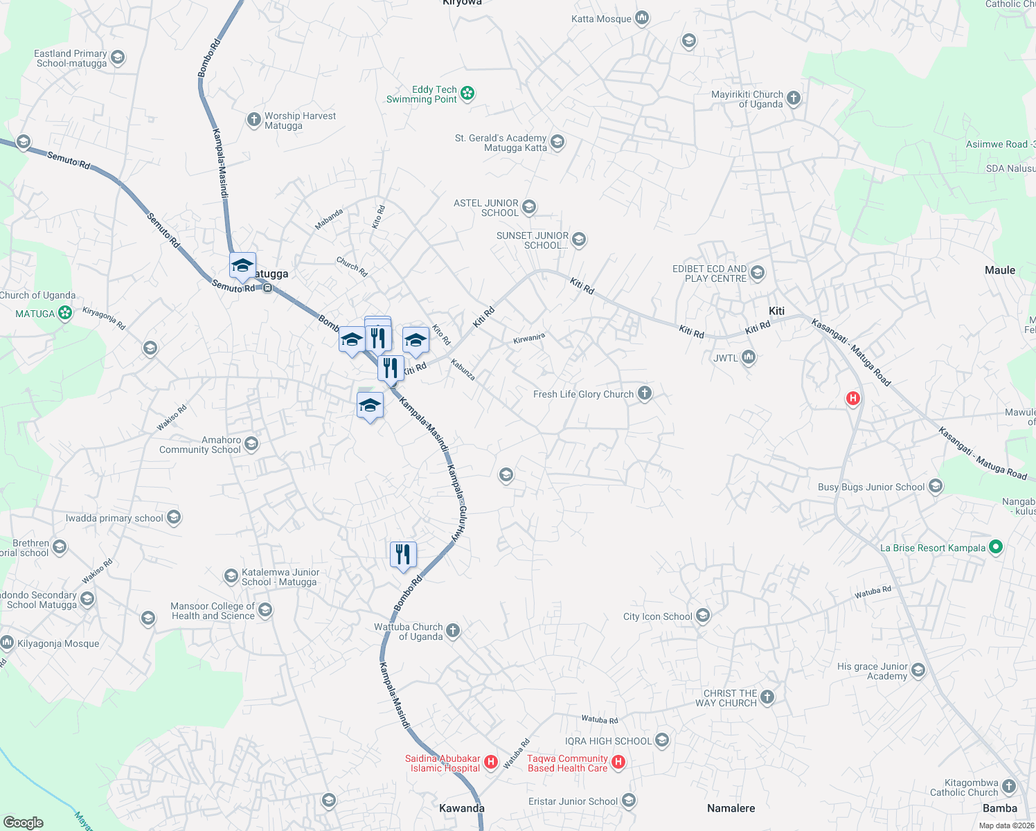 map of restaurants, bars, coffee shops, grocery stores, and more near Kabunza in Matugga
