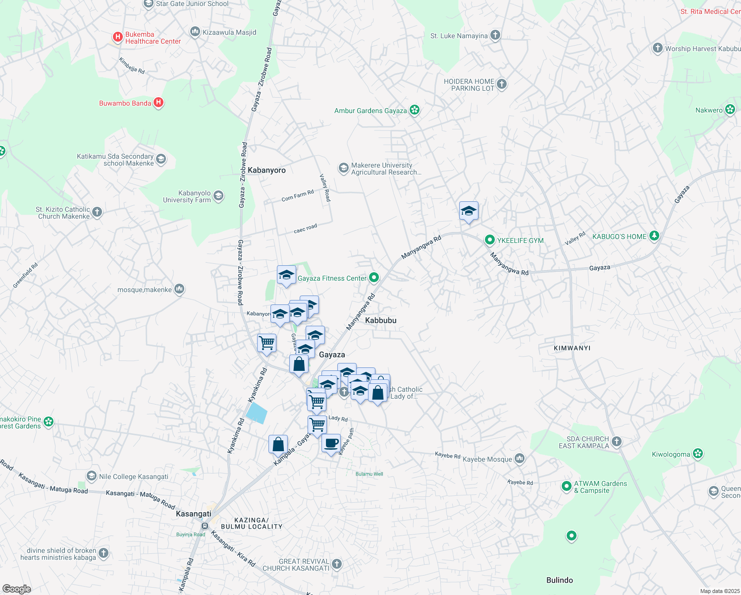 map of restaurants, bars, coffee shops, grocery stores, and more near Manyangwa Road in Kabbubu
